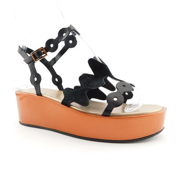 IVY KIRZHNER Black Scalloped Leather Ankle Strap Wedge Platform Sandals 37.5 - Picture 1 of 11